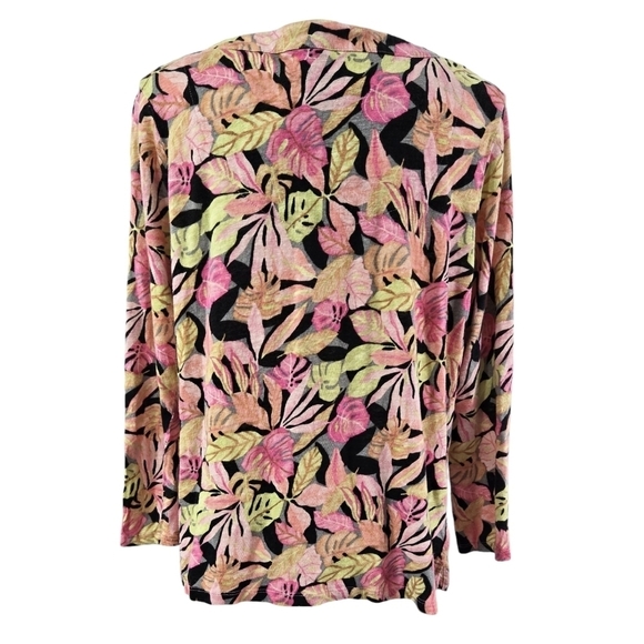 Chico's 100% Linen Pink Yellow Tropical Leaf Split Neck Top Colorful Vacation - Picture 2 of 8